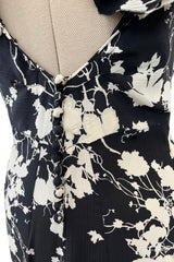 Prettiest 1930s Black & White Floral Print Bias Cut Silk Elaborate Ruffle Shoulder Dress