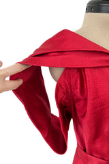 Stunning 1930s Hammered Silk Satin Deep Red Dress w Low Back & Unusual Sleeves