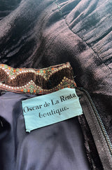 Late 1960s Oscar de la Renta Deep Brown Flat Velvet & Brocade Dress w Slit Sleeves & Lace Belt