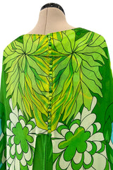 Phenomenal Early 1970s La Mendola Green Silk Jersey Caftan Dress w Silk Chiffon Overlay