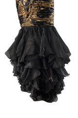 Fall 1988 Emanual Ungaro Strapelss Gold Metallic Black & Gold Ruffled Hem Dress