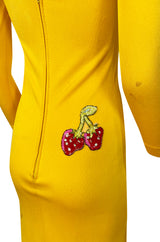 Early 1970s Bob Mackie Ray Aghayan Yellow Jersey Dress w Sequin Fruit