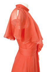 Prettiest 1970s George Stavropoulos Coral Silk Chiffon Dress Capelet & Sash
