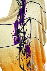 Extraordinary 1970s Holly's Harp Hand Painted Silk Multi-Wear Dress w Metallic Accents & Applique