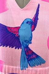 Prettiest 1970s Hanae Mori Pink Cotton Bird Print Dress w Wide Caped Sleeves