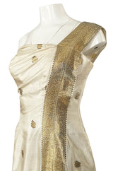 1960s Stavropoulos Gold Embroidered Ivory Silk One Shoulder Dress & Coat