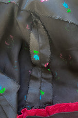 1970s Louis Mies Couture Level Black Silk Taffeta Dress w Embroidered Flowers & Ruffled Detailing