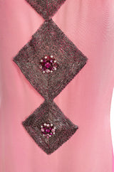 Documented 1969 Pierre Cardin Couture Pink Silk Crepe Diamond Beaded Dress w Overlay