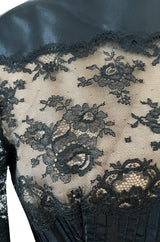 Gorgeous 1970s Larry Aldrich Black Silk Tafetta Dress w Illusion Nude Lace Panels