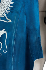Decadant 1920s Unlabeled Deep Blue Silk Kimono w Hand Embroidered Dragons