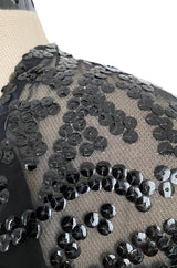 Fall 1974 Bill Blass Glossy Black Sequin & Silk Chiffon Dress w Feather Hem