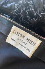 1970s Louis Mies Couture Level Black Silk Taffeta Dress w Embroidered Flowers & Ruffled Detailing