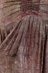 Late 1920s Unlabeled Gold Metallic Lame Thread Mixed w Deep Burgundy Silk Deep Plunge Dress