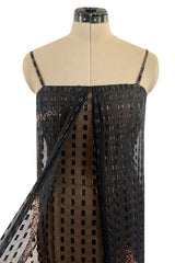 1970s Pauline Trigere Metallic Gold Thread on Pritned Silk Chiffon Dress & Sash