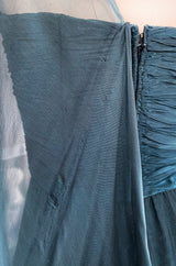 Early 1990s Oscar de la Renta Deep Teal Blue Silk Chiffon Custom Made Dress