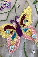 Late 1960s Malcolm Starr Butterfly Embroidered Collar Pale Pink Silk Shift Dress & Jacket Set