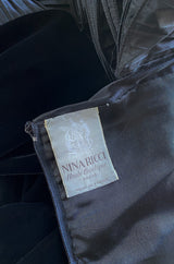 Dramatic 1980s Nina Ricci Black 'Garda' Velvet Dress w Pleated Silk Taffeta Ruffled Shoulders