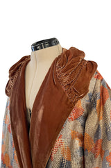 Fabulous 1920s Coral Silk Metallic Gold Lame Flapper Coat w Velvet Detailing