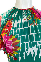 Documented 1973 Scott Barrie Pink & Green Floral Backless Silk Chiffon Dress