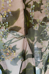 1980s Oscar de la Renta Sequin Detailed Trained Floral Silk Chiffon Dress