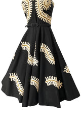 1950s Heavy Cotton / Canvas Strapless Dress w Hand Applied Cord Applique