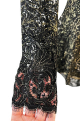 1980s James Galanos Attributed Demi-Couture Black & Metallic Gold Lace Dress Set