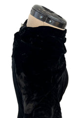 Stunning 1930s Black Silk Velvet Bias Cut Dress w Top Stitched Sleeves & Silver Glitter Buttons