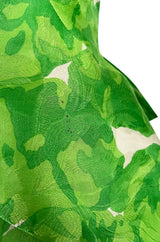 1980s Jean Louis Scherrer Couture Printed Green Silk Gazar Dress w Poured Glass Gripoix Buttons
