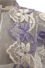 Ethereal 1930s Ivory Silk Tulle Net Dress w Pale Lavender & Cream Floral Embroidery