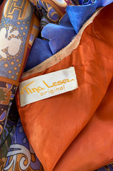 Spectacular 1960s Tina Leser Original  Printed Silk Voile Extra Long Angel Sleeve Dress