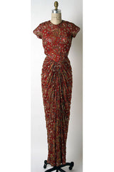 Brilliant 1957 James Galanos Large Floral Print Front Gathered Silk Evening Dress
