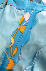 Extraordinary 1970s Hanae Mori Couture Pastel Turquoise Floral Print Silk Chiffon Dress & Jacket