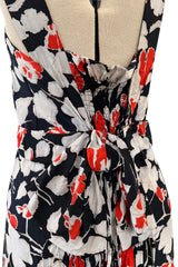 Stunning 1930s Coral, Black & Pale Grey Floral Silk Print Bias Cut Backless Dress