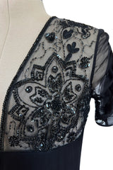 Stunning 1990s Valentino Black Silk Chiffon Dress w Sheer Beaded Net Bodice