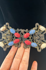 Incredible 1930s Black Silk Velvet Wrap Bias Cut Dress w Elaborate Metal & Bead Belt