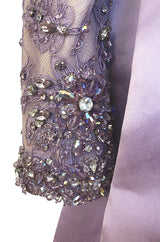1960s George Halley Couture Lavender Silk Satin Dress w Heavily Detailed Crystal & Rhinestone Bodice