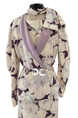 Rare Dated 1934 Bias Cut Soft Purple and Ivory Floral Print Silk Dress & Jacket w MOP Belt