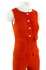 Rare 1970s Courreges Hyperbole Bright Orange Wool Jumpsuit & Matching Cropped Jacket