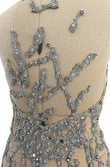 Exquisite 1985 John Anthony Nude Silk Chiffon & Net Dress w Silver Chain Rhinestones and Beads