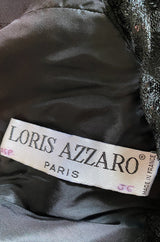 1980s Loris Azzaro Couture Black Silk & Net Sequin Floral Bodice Dress w Swag Hip Detail