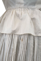 Gorgoeus Early 1980s Vicky Tiel Ivory Silk Pouf Shoulder Button Top & Pleated Skirt Set