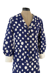 Spring 1977 Chanel Haute Couture Blue & White Silk Suit w Removable Collar