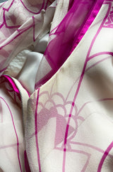 1969 Hanae Mori Chrysanthemum Print Pink Silk Twill & Silk Chiffon Dress