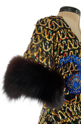 Late 1960s Oscar De La Renta Gold Sequin & Huge Paillettes Detailed Dress w Mink Cuffs