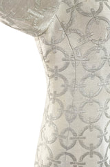 Fabulous 1960s Silver & White Brocade Tunic & Pant Set w Beaded Front Cut Out