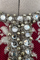Stunning 1970s Adele Simpson Red & Gold Brocade Dress w Rhinestone Detailing