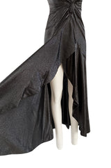 c.1984 John Anthony Black Metallic Lame Jersey Dress w Very Deep Front Plunge & No Back