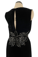 Rare 1920s 1930s Unlabeled Silk Velvet Dress w Rhinestones & Matching Open Shoulder Jacket