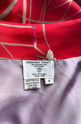 Gorgeous 1970s Hanae Mori Red Silk Kimono Caftan Dress w Sash & Beautiful Butterfly Print
