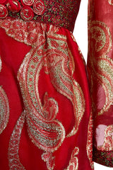 Spectacular 1970s Bill Blass Red Organza & Gold Metallic Applique Dress